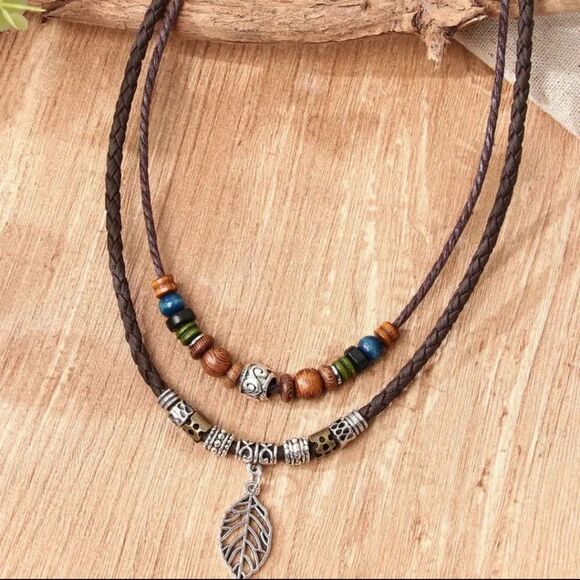Adjustable Bohemian Necklace layered Leaf Wooden Bead - Picture 6 of 6